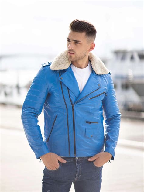 Mens Blue Leather Jacket in Classic Biker Style