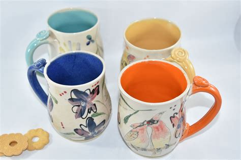 Hand Made Four Coffee Mugs Set - Artistic Carved And Glazed Ceramic ...