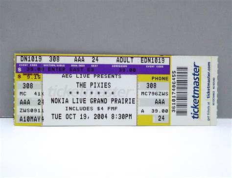 The Pixies Ticket Nokie Live Grand Prairie Never Used / Frank Black / Dallas TX Metroplex 2004 ...