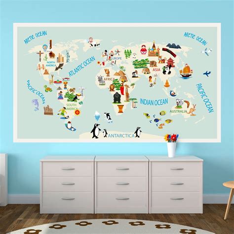 Kids World Map Repositionable Adhesive Fabric Sticker For | Etsy | Kids ...