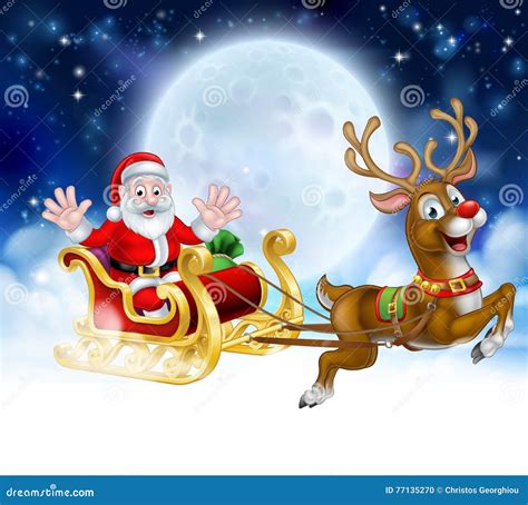 Christmas Cartoon Santa Reindeer Sleigh Scene Stock Vector - Illustration of ride, reindeer ...