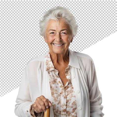 Premium PSD | An older woman is smiling and holding a cane