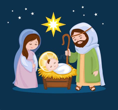 Escena de la natividad de la historieta con la familia santa stock de ilustración | Nativity ...