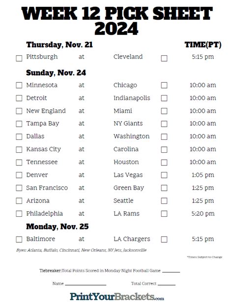 Pacific Time Week 12 NFL Schedule 2024 - Printable