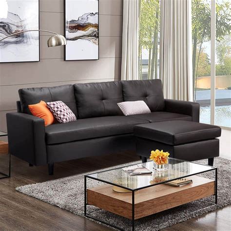 Faux Leather Sectional Sofa Convertible Couch Black Leather L-Shape Co ...