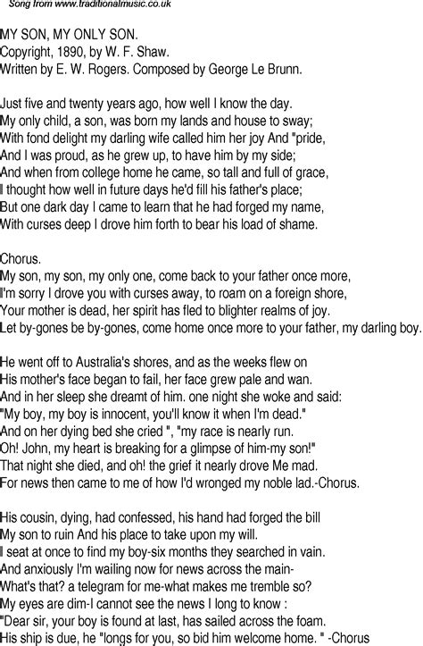 Old Time Song Lyrics for 29 My Son, My Only Son