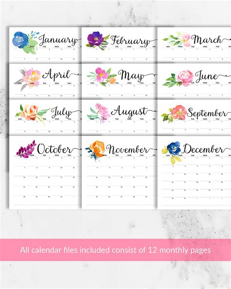 Floral Calendar PRINTABLE Calendar to Type in 2024 Wall Calendar ...