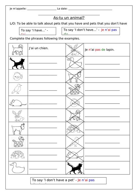 FRENCH - Animals - As-tu un animal? - Worksheets | Teaching Resources ...