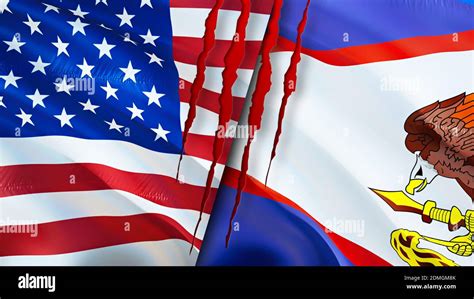 USA and American Samoa flags with scar concept. Waving flag,3D ...