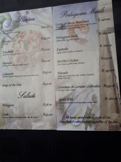 Menu at Shanna's Portuguese Restaurant, Port Elizabeth