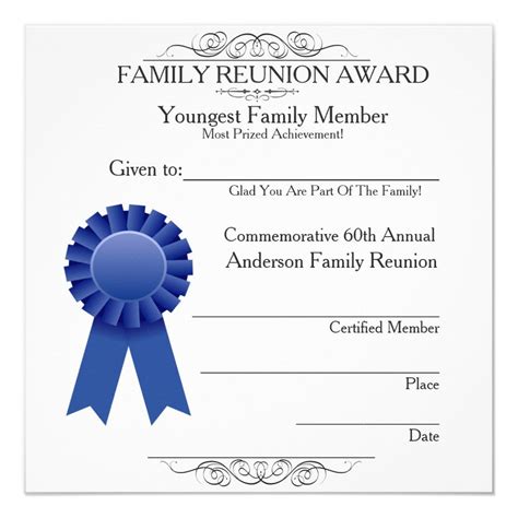 Blue ribbon graphic with template of awards given at family reunions. Filigree scrolls at top ...