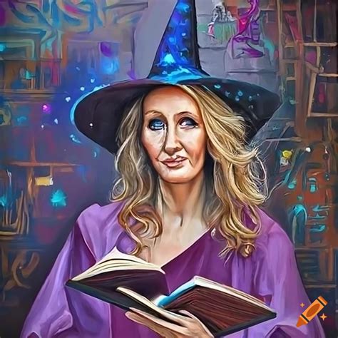 Realistic portrait of jk rowling wearing a witch's hat and reading a book in blue and purple ...