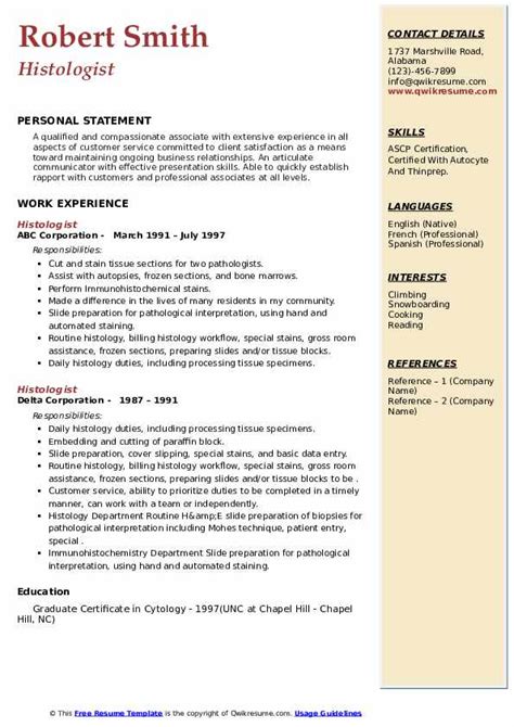 Histologist Resume Samples | QwikResume