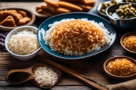 Premium AI Image | Rice and rice on a wooden table with a spoon.