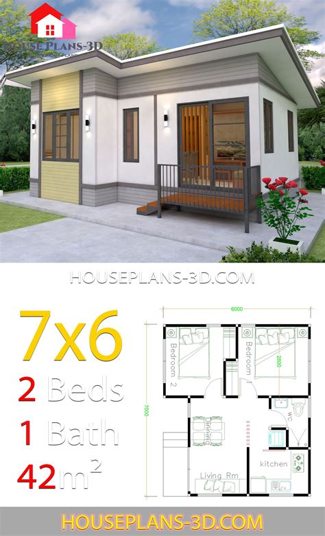 Small House plans 7x6 with 2 Bedrooms (con imágenes) | Planos de casas sencillas, Casas de ...