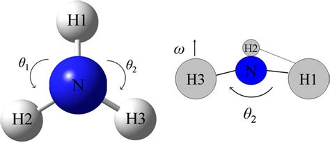 Bond angle variables for ammonia: θ 1 (H1-N-H2) and θ 2 (H1-N-H3 ...