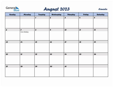 August 2023 Monthly Calendar Template with Holidays for Canada