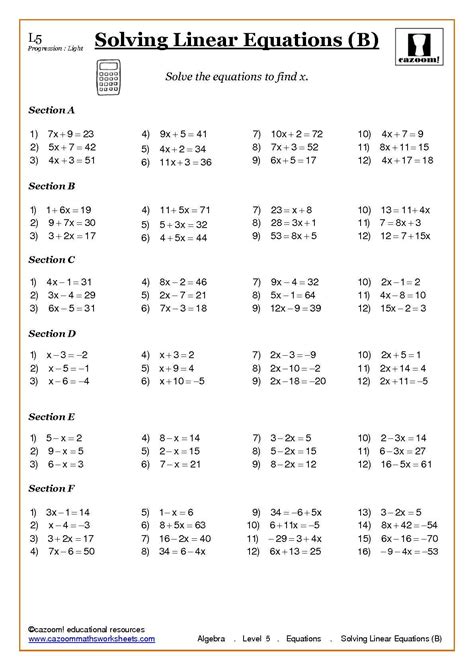 Solving Linear Equations Worksheet 1