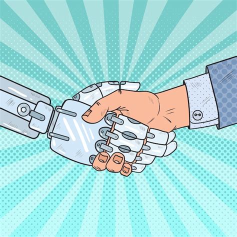 Premium Vector | Business robot and human handshake