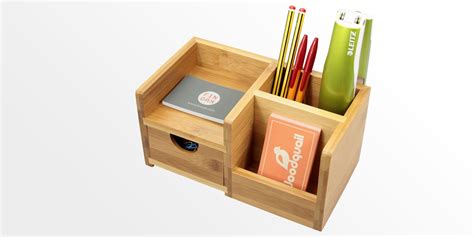 Desk Organiser, Pen Holder and Drawer | Bamboo Stationery Box | Office Supplies