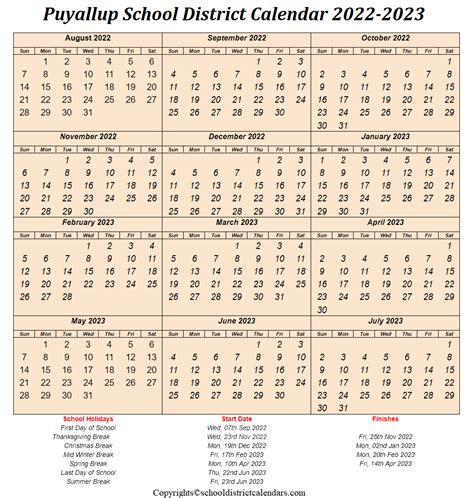 Puyallup School District Calendar 2022-2023 Holidays