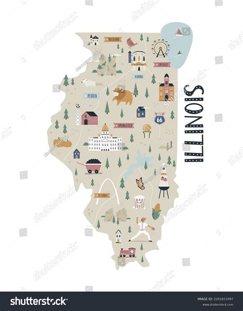 Illustrated Map Illinois State Landmarks Symbols Stock Vector (Royalty ...