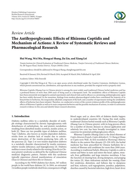 The Antihyperglycemic Effects of Rhizoma Coptidis and Mechanism of Actions: a Review of ...