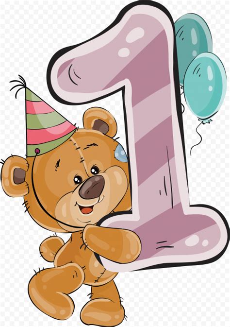 HD Cartoon Bear Holding 1st Birthday Number 1 With Balloons PNG | Citypng