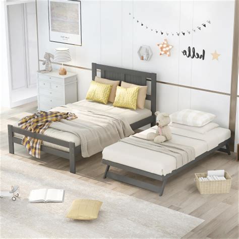 Full Size Platform Bed with Adjustable Trundle, Wood Platform Bed for ...