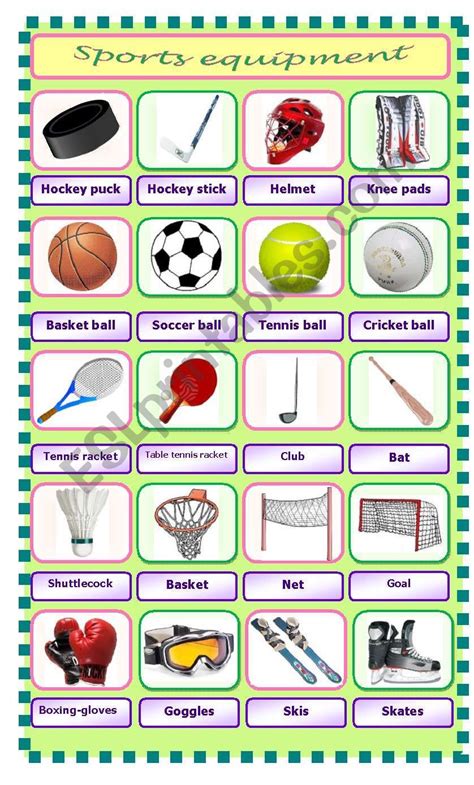 Sports equipment - pictionary - ESL worksheet by Pet24 | English ...