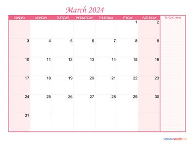 March Calendar 2024 with Notes | Calendar Quickly