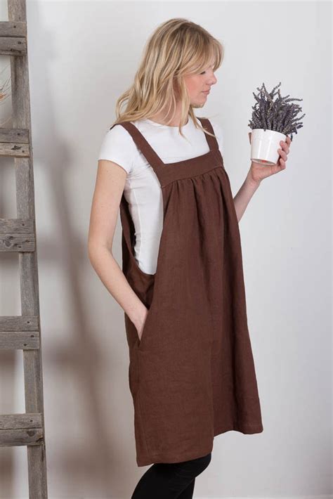 Linen Pinafore. Artist Overalls Prewashed Linen Smock Summer Brown ...