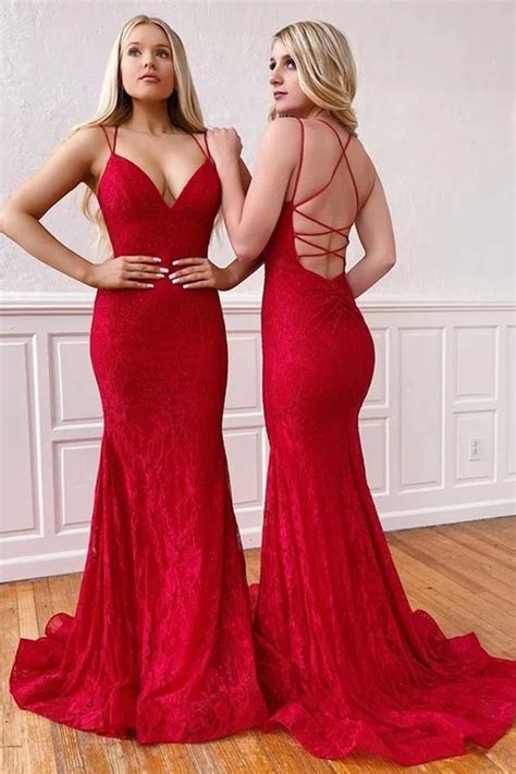 Elegant Mermaid V-neck Spaghetti Straps Red Lace Prom Dresses,Cross ...