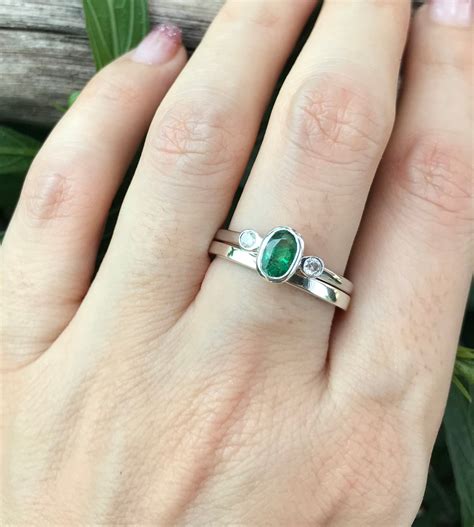 Natural Emerald Oval Engagement Women 2 Ring Set- Deco Genuine Emerald Diamond Bridal Ring Set ...