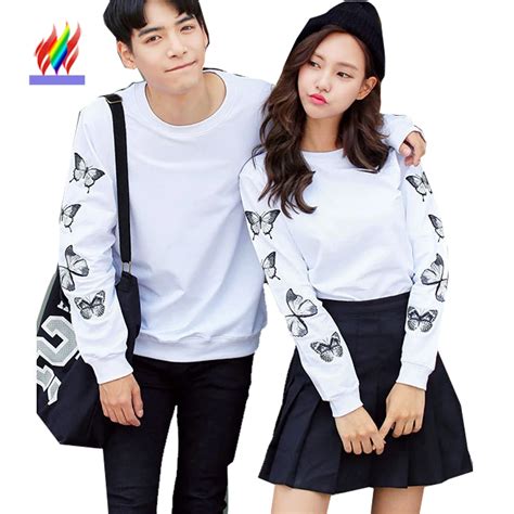 Lovers T Shirts Couple Clothes Autumn Winter Tops Casual Printed Floral Gray Black White Korean ...