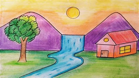 Easy landscape drawing for kids and beginners|Learn house and nature simple painting ...