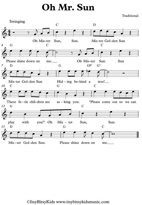 Leadsheet of the nursery rhyme "Mr Sun, Sun Mr Golden Sun." You can ...