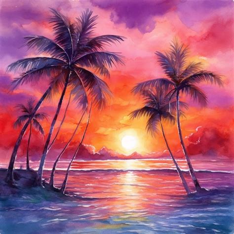 Premium AI Image | Painting of a sunset with palm trees and the ocean generative ai