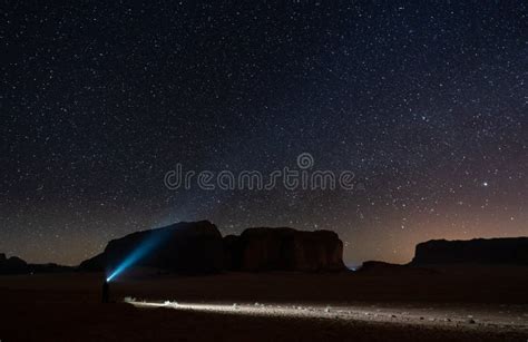 Explorer in Desert at Night with Starry Sky in Wadi Rum Desert, Jordan Stock Image - Image of ...