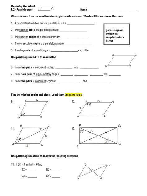 Properties Of Parallelogram Activity Sheet