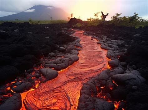 Premium AI Image | Photograph lava river in a volcano landscape