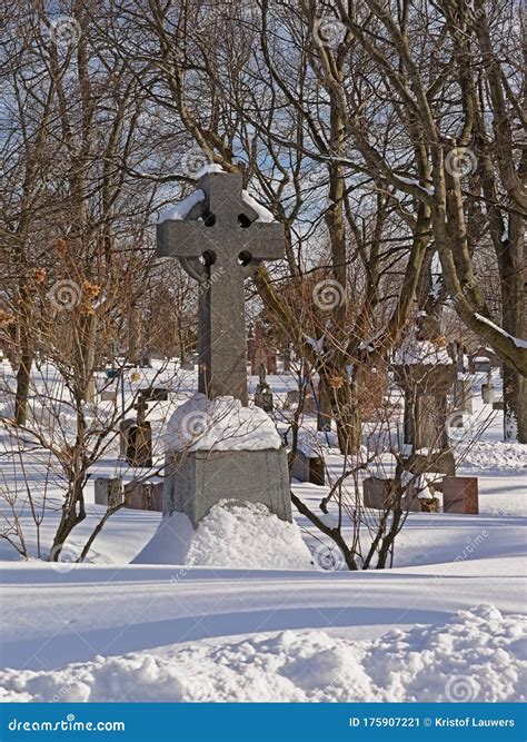 Tomb with Cross in Notre Dame Des Neiges Cemetery in the Snow Editorial ...