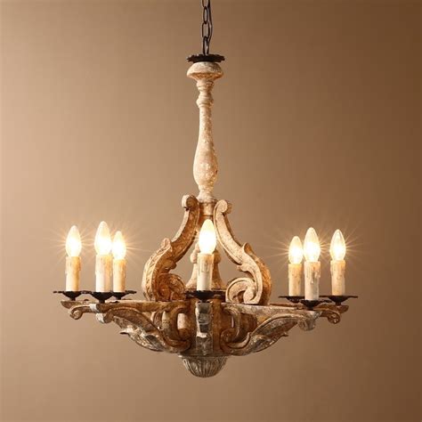 Luxury Retro French Country Carved Wood 8-Light Distressed Candle-Style Chandelier,Retro French ...