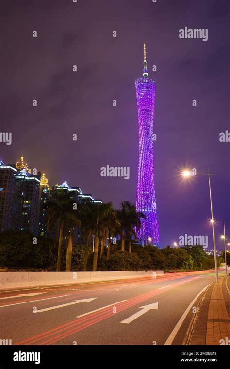 GUANGZHOU, CHINA - MAY 16: Guangzhou TV tower (Canton Tower) at night on May 16, 2013. The tower ...