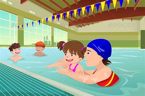 Kids having a Swimming Lesson in Indoor Pool by artisticco | GraphicRiver