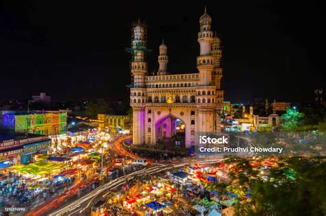 High Wide Angle View Of Charminar In The Night Stock Photo - Download ...