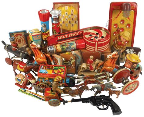 Vintage toys (30), includes litho on tin stagecoach windups by Alps ...