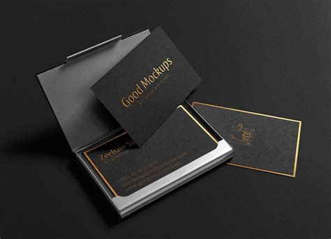 Free Black With Gold Foil Lettering Business Card Mockup PSD - Good Mockups
