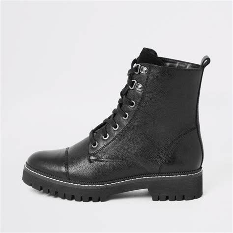 River Island Black Leather Lace-up Hiking Boots - Lyst