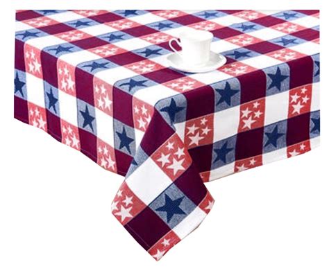 Red White Blue Woven Blocks Stars Tablecloth Fabric Cottage Classic (60 x 84 Rectangle ...